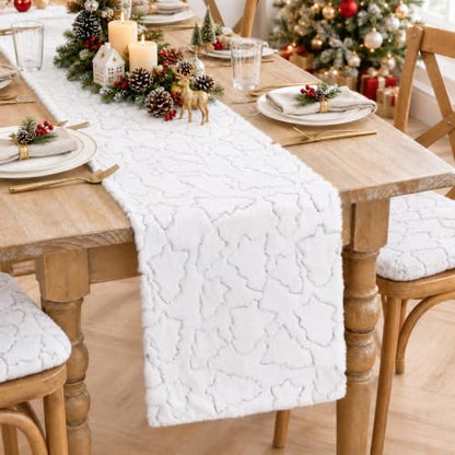 Silver Sequin Tree Christmas Table Runner Faux Fur 13x72 Inch - Holiday Decor