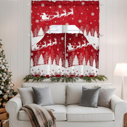 Christmas Reindeer Window Curtain Set with Valances - Red & White, 3 Pieces, 27.5"W x 36"L, Holiday Decor