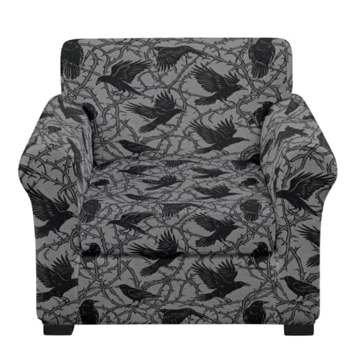Gothic Crow Thorn Branch Universal Armchair Sofa Cover with Arms - Accent Chair Protector - Black+Pink