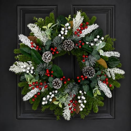 28-Inch Cardinal Winter Wreath with Berries for Front Door Christmas Decor