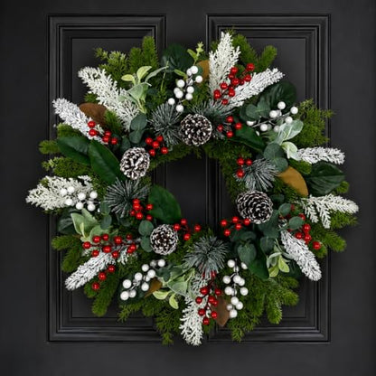 28-Inch Cardinal Winter Wreath with Berries for Front Door Christmas Decor