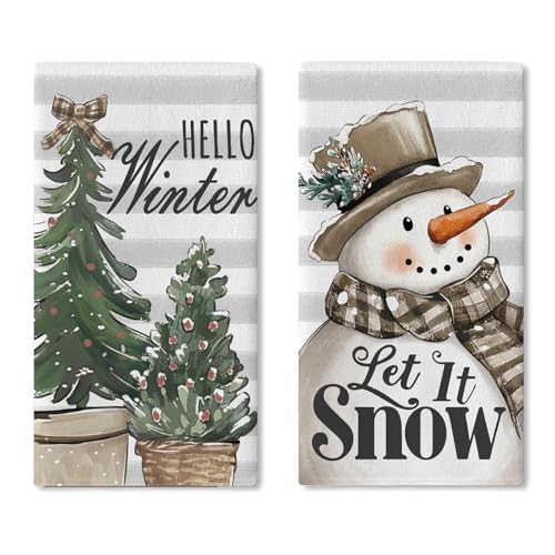 Hello Winter Snowman Kitchen Dish Towels Set of 2 - Festive Farmhouse Decor