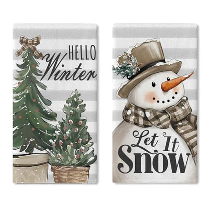 Hello Winter Snowman Kitchen Dish Towels Set of 2 - Festive Farmhouse Decor