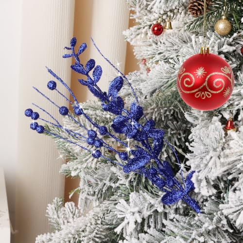 Blue Christmas Glitter Berry Picks - 18 Pack, 15.7 Inch Artificial Stem for Holiday Decor