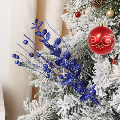 Blue Christmas Glitter Berry Picks - 18 Pack, 15.7 Inch Artificial Stem for Holiday Decor