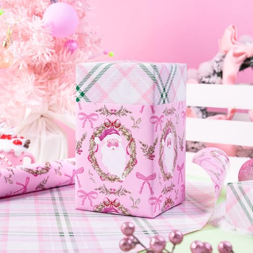 Reversible Pink Christmas Wrapping Paper with Santa & Floral Wreaths - 17 in x 16.4 ft, Festive Holiday Gift Wrap