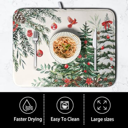 Christmas Tree Dish Drying Mat for Kitchen Counter Extra Large 18x24 Inches - Reversible & Absorbent Microfiber