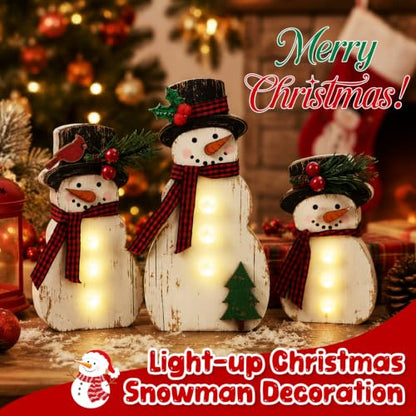 3 Pack Christmas Snowman Wooden Decor with LED Lights - Holiday Table Ornaments