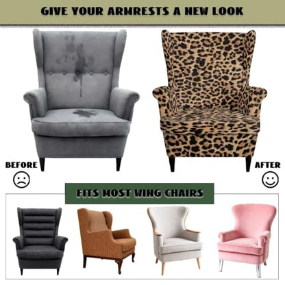 Leopard Print Wingback Chair Cover Set of 2 Brown Washable Elastic Furniture Protector