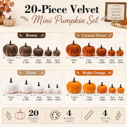 Fall Pumpkin Decor Set - 20 Velvet Artificial Pumpkins for Autumn Home Decorations