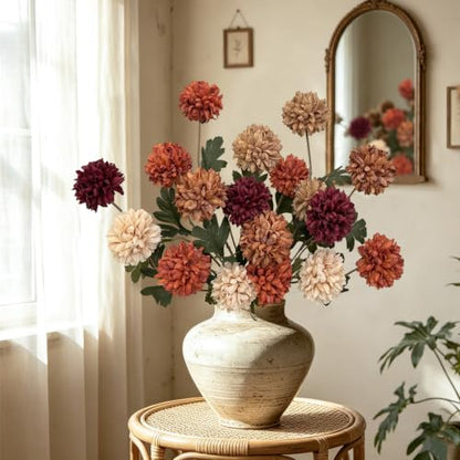 Artificial Fall Flowers 27Inch Faux Pompon Mums - Mixed Colors, Set of 6