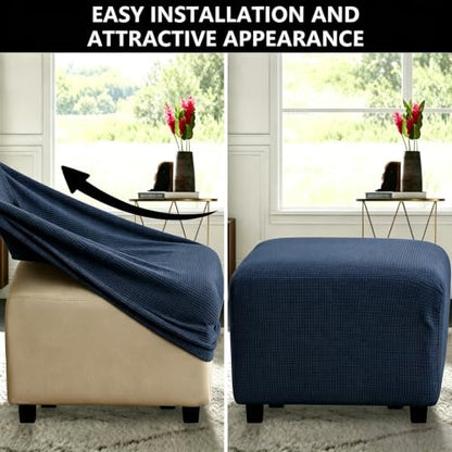 Navy Blue Small Square Ottoman Cover Stretch Slipcover Washable Furniture Protector