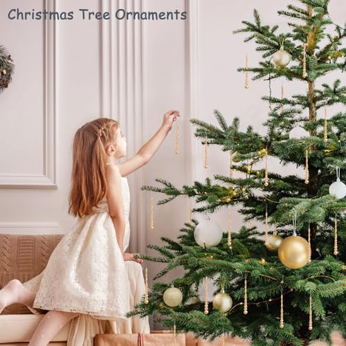 12PCS Crystal Icicle Christmas Tree Ornaments - Gold Glass Beads Hanging Decor