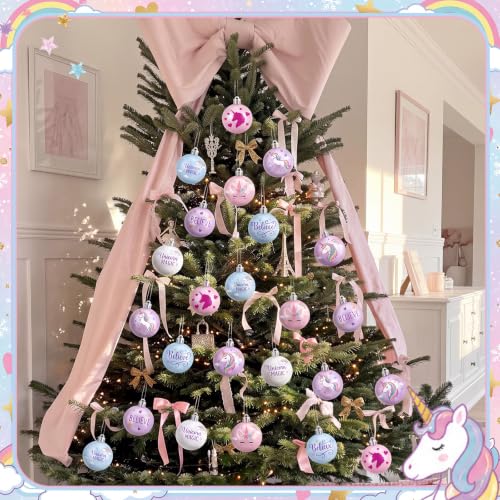 Unicorn Christmas Ornaments Set - 24 Fairy Tale Tree Decorations - Pink Purple Blue