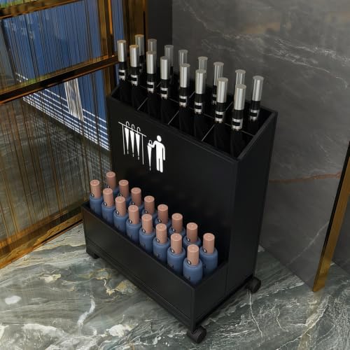 Black Commercial Umbrella Stand with Double-Tier Storage & Removable Drip Tray