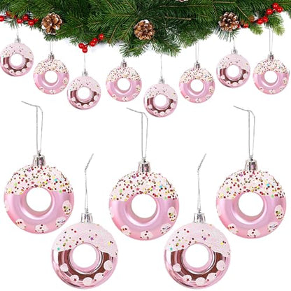 Pink Donut Christmas Ornament Set - 8 Candy Hanging Decorations for Holiday Tree