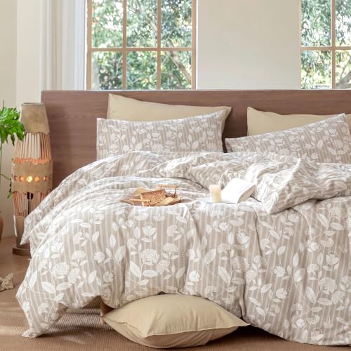 Queen Size Floral Comforter Set 3 Pieces Cotton Bedding - Beige Leaf Stripe