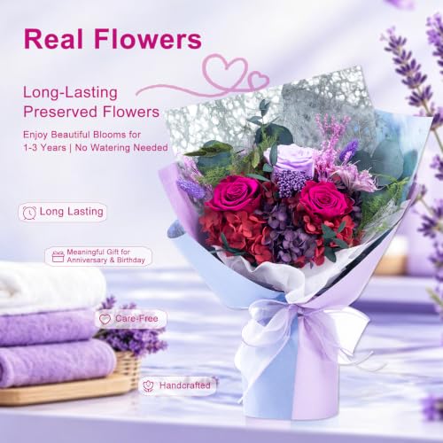 Purple Preserved Flowers Bouquet - Long Lasting Real Floral Arrangement