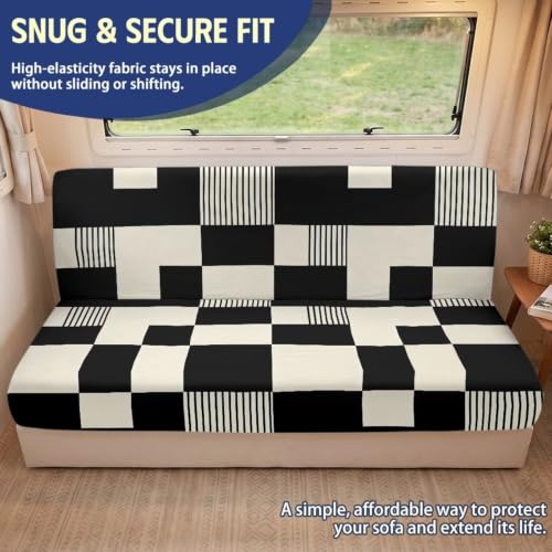 Checkered RV Jackknife Couch Cover Set Black White for Sofa Bed