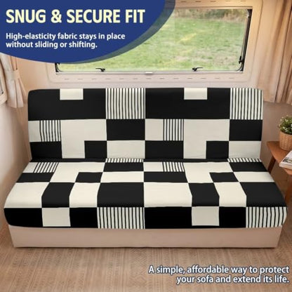 Checkered RV Jackknife Couch Cover Set Black White for Sofa Bed