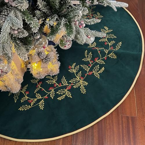 Dark Green Velvet Christmas Tree Skirt 48 Inch with Holly Embroidery - Holiday Decor