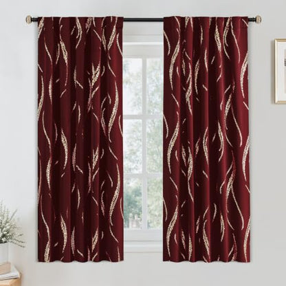 Yakamok Burgundy Gold Wave Line Dots Light Blocking Curtains 38x63 Inches Pair with Back Tab