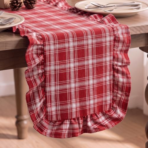 Christmas Red Tartan Plaid Table Runner with Ruffled Edges - 14 x 72 Inches - White Red / Plaid Variation