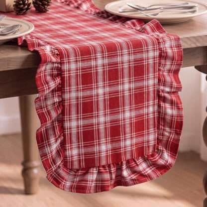 Christmas Red Tartan Plaid Table Runner with Ruffled Edges - 14 x 72 Inches - White Red / Plaid Variation