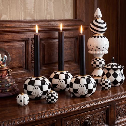 Halloween Black and White Checkerboard Candle Holders Set - Ghost & Pumpkin Design