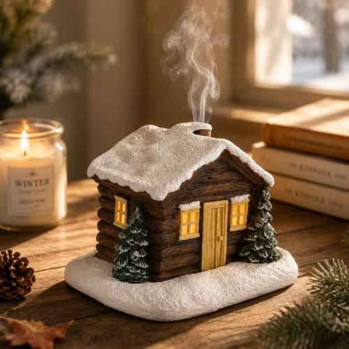 Snow Cabin Incense Burner with Fire-Resistant Resin Cottage Holder - Snow Hut Variation