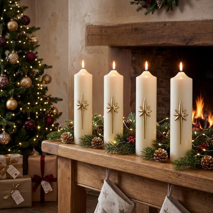 Christmas Advent Candles Set - 4 White Religious Pillar Candles with Gold Star