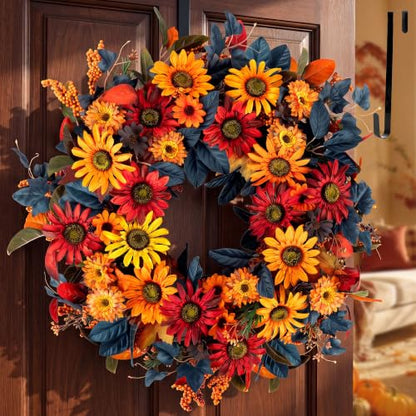 Fall Wreath for Front Door - 24 Inch Autumn Thanksgiving Halloween Decor - Orange, Red & Blue Variation