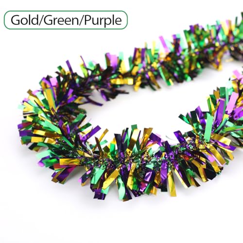 33Ft Christmas Tinsel Garland - Gold Green Purple Metallic Decor for Holiday & Party