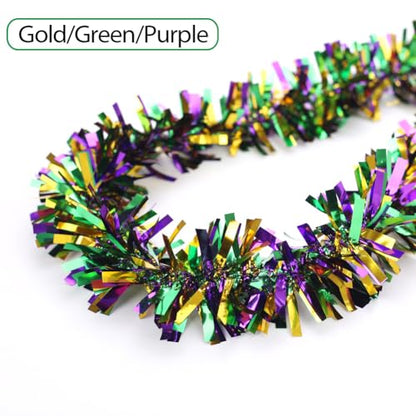 33Ft Christmas Tinsel Garland - Gold Green Purple Metallic Decor for Holiday & Party