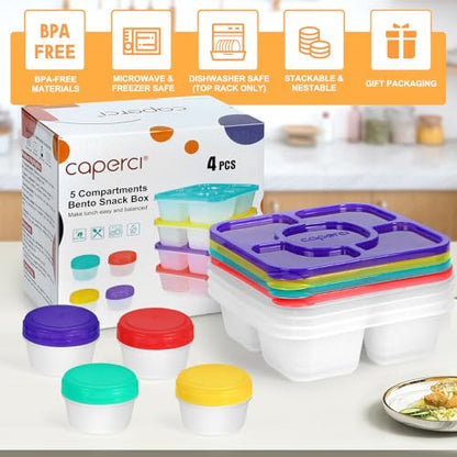 Caperci Original Bento Snack Box Containers for Kids & Adults - Lunchable Food Containers 5 Compartments with 4 Leakproof Small Containers, BPA-Free, Set of 4 (Brights)