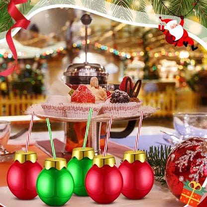 24 Pack Christmas Plastic Ball Cups with Lids & Straws - 12 oz Holiday Party Set