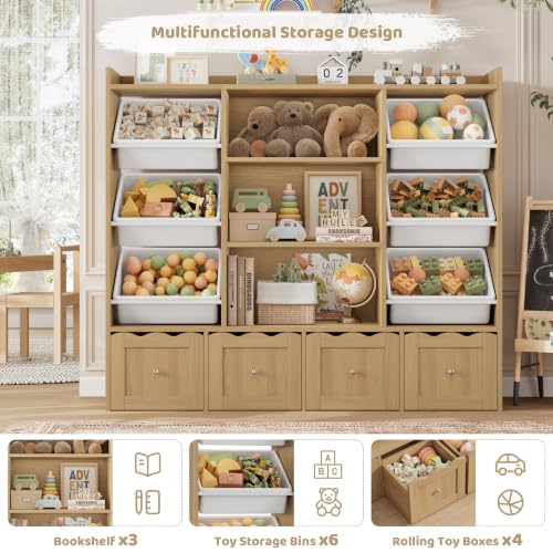 Kids Toy Storage Organizer with 10 Bins & Bookshelf - Natural