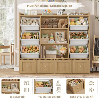 Kids Toy Storage Organizer with 10 Bins & Bookshelf - Natural