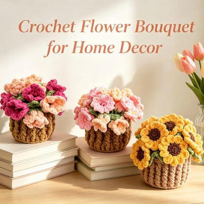 Pink Crochet Flower Coaster Set with Storage Basket - Handmade Home Decor