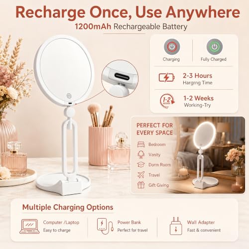 Magnifying Lighted Travel Mirror 30X/1X Dual-Sided with 3 Light Modes