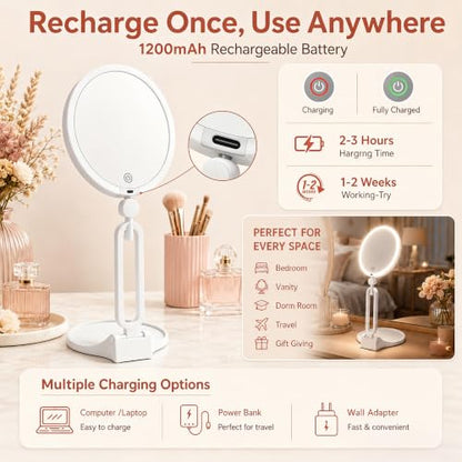 Magnifying Lighted Travel Mirror 30X/1X Dual-Sided with 3 Light Modes