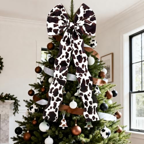 Large Cow Print Christmas Tree Topper Bow - Rustic Western Holiday Decor
