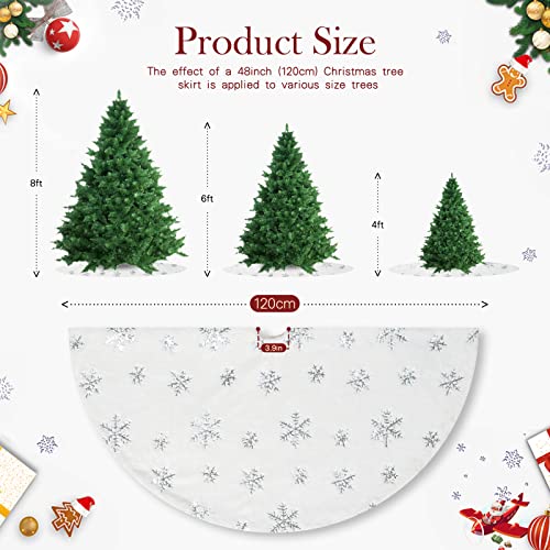 White Faux Fur Christmas Tree Skirt 48 Inch Silver Snowflakes Holiday Decor