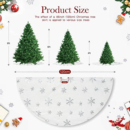 White Faux Fur Christmas Tree Skirt 48 Inch Silver Snowflakes Holiday Decor