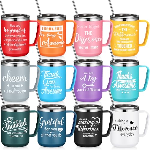 12-Pack Inspirational 17oz Coffee Mug Set with Handles Lids & Straws - Bulk Employee Appreciation Gift