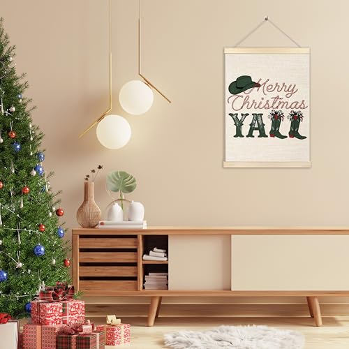 Western Christmas Wall Decor - Merry Christmas Y'all Cowboy Boots Wall Art with Wooden Poster Hanger - 12x16 Inches - Variation of 15-wall art-Christmas second