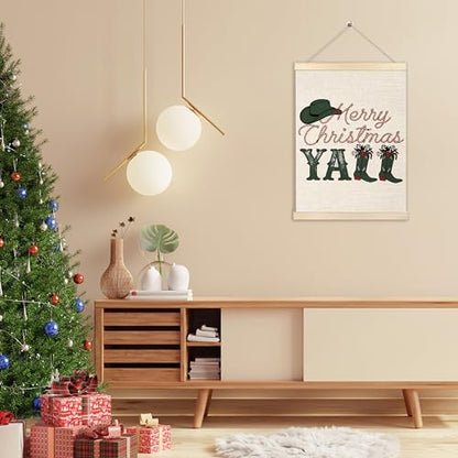 Western Christmas Wall Decor - Merry Christmas Y'all Cowboy Boots Wall Art with Wooden Poster Hanger - 12x16 Inches - Variation of 15-wall art-Christmas second
