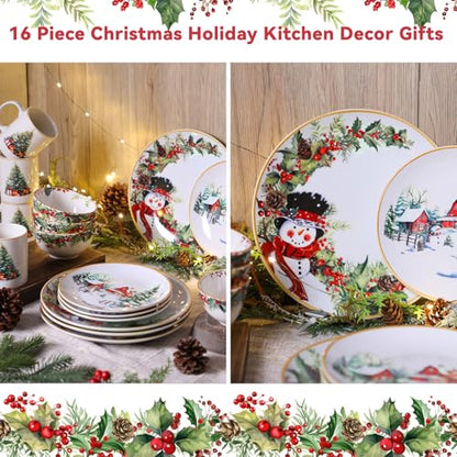 Christmas Snowman Dinnerware Set of 16 with Christmas Tree Variation
