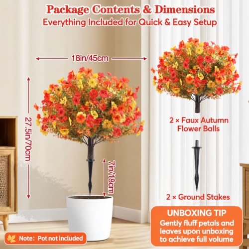 Artificial Fall Flower Topiary Set with Stakes - 27.5 Inch, Orange, Yellow, Red