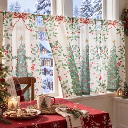 Christmas Tree Pattern Kitchen Curtains - 2 Panels 26x36 Inches, Festive Rod Pocket Window Drapes